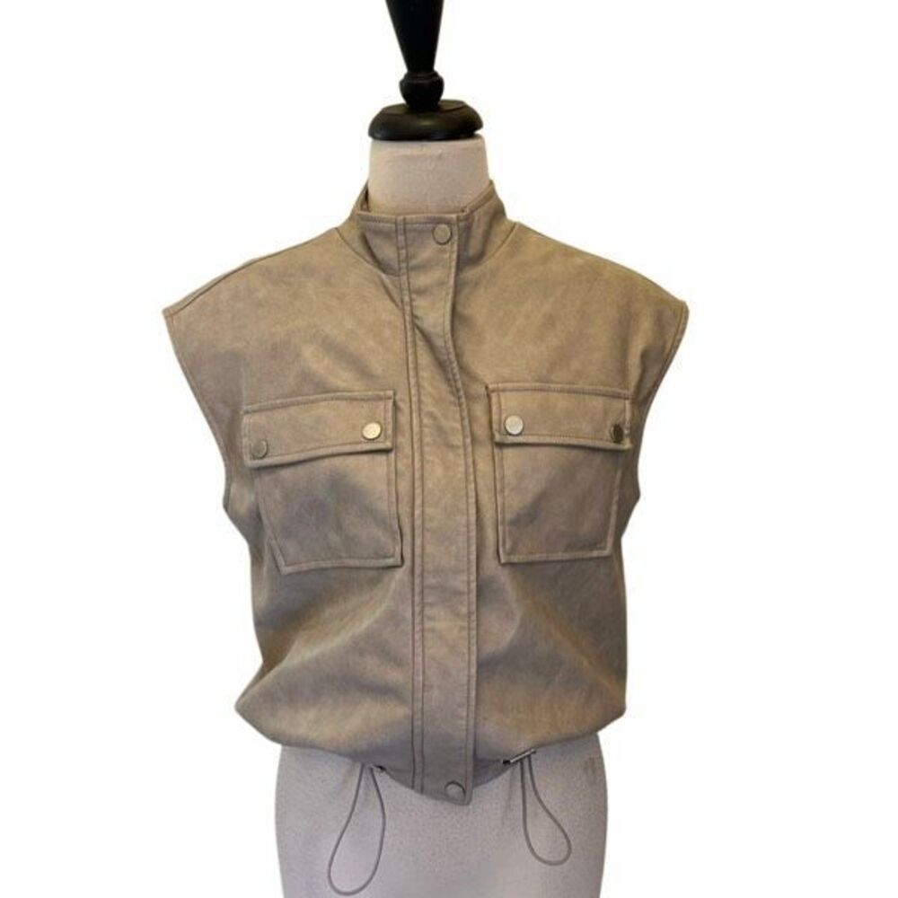 Bagatelle Women's Faux Leather Relaxed Fit Lined Zip Up Utility Vest Gray Small